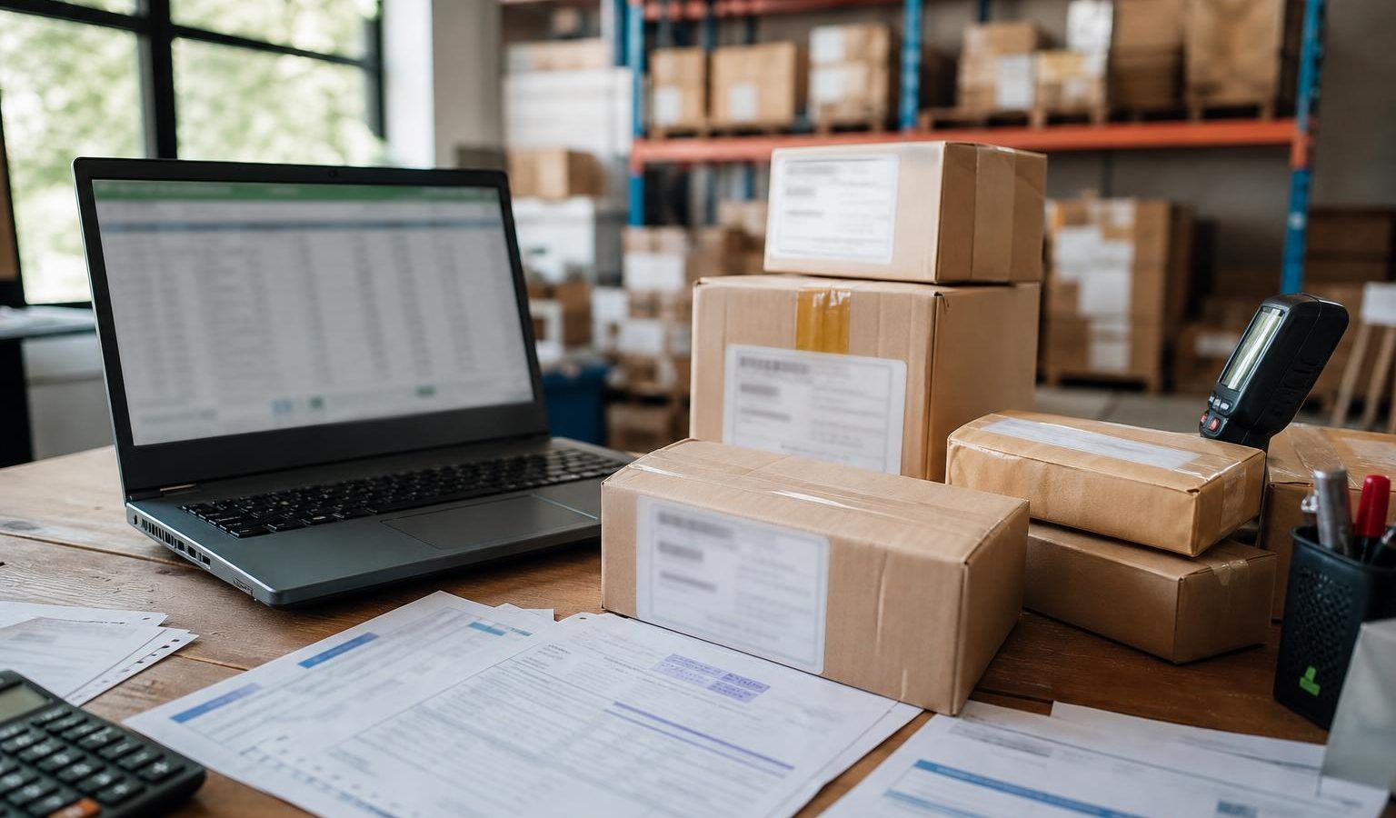 Dokumen impor, laptop, dan paket barang kiriman dagangan di meja gudang logistik