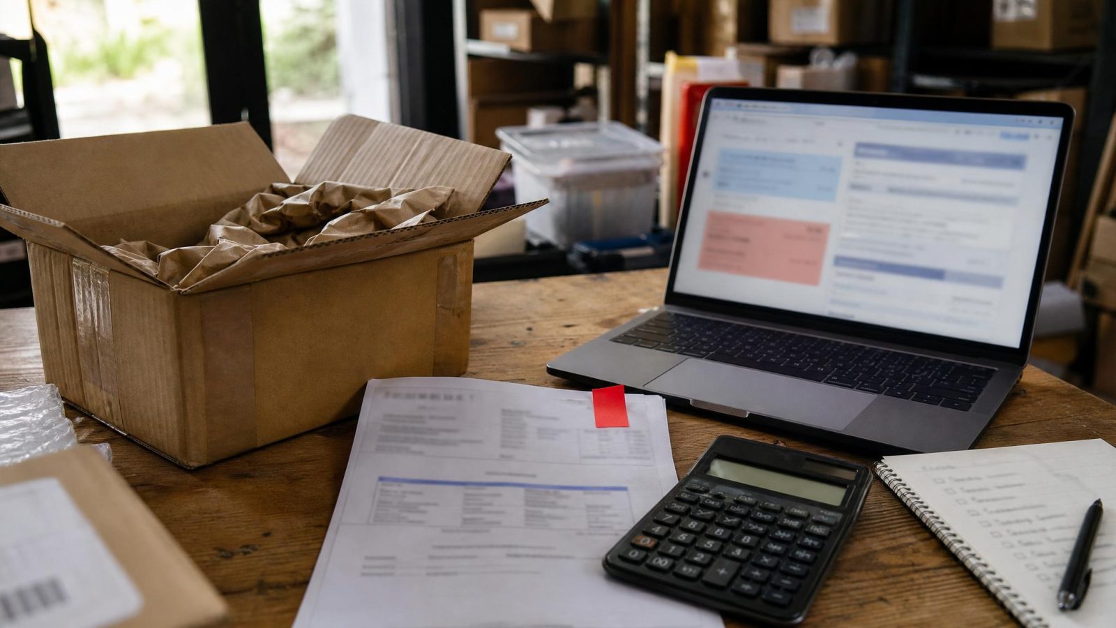 Paket barang kiriman impor dengan invoice kalkulator dan laptop untuk mengecek risiko denda