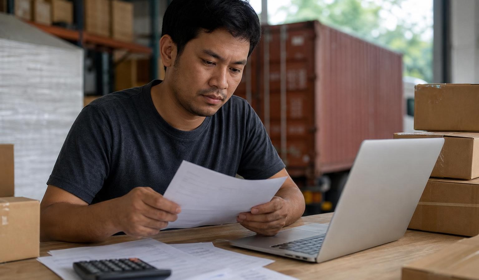 Pelaku usaha menghitung biaya impor barang dengan dokumen dan paket logistik