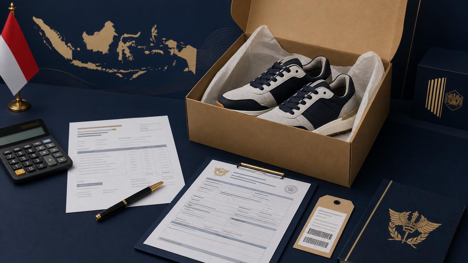 Ilustrasi sepatu impor, invoice, kalkulator, dan dokumen pungutan bea masuk barang kiriman