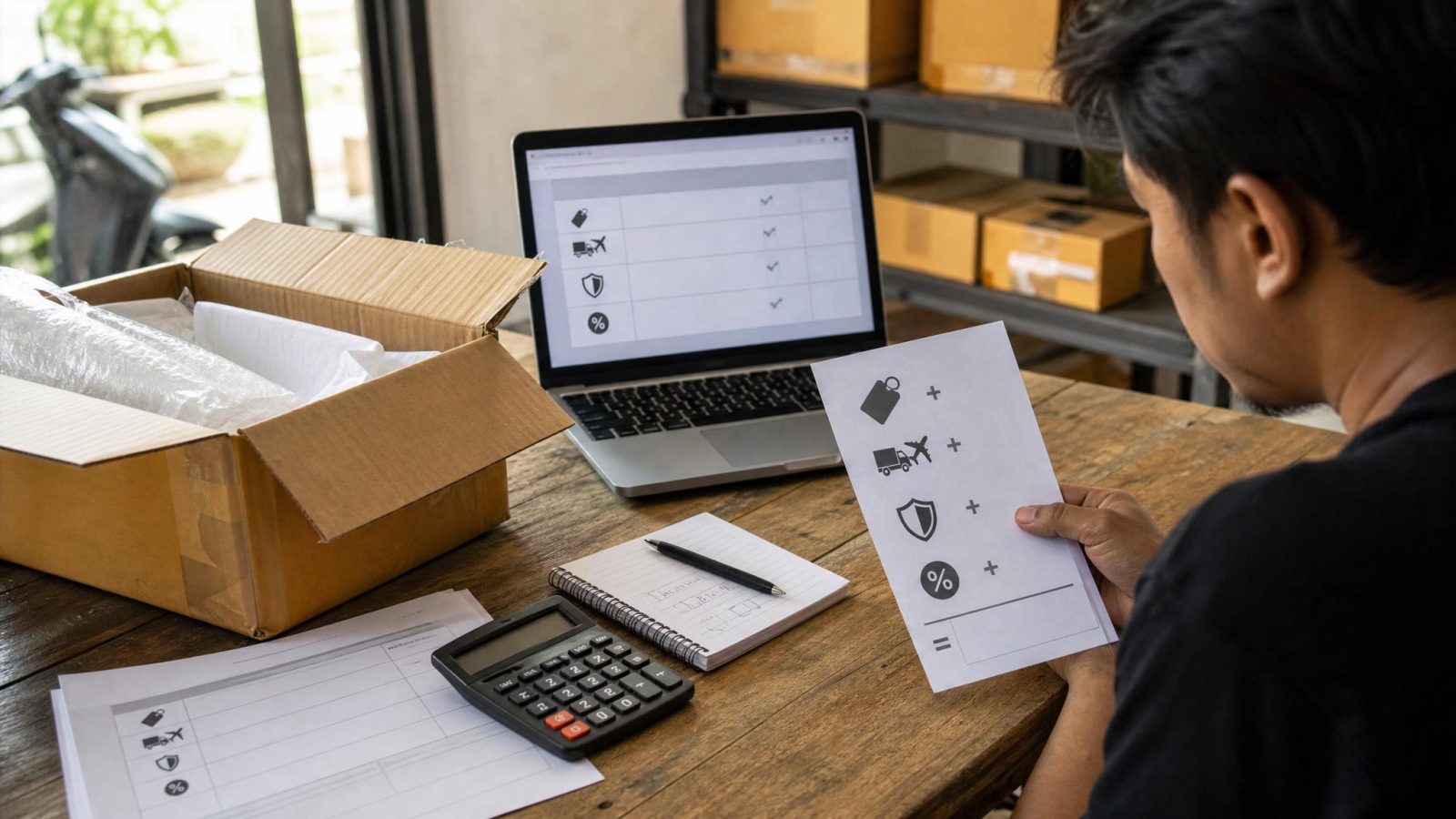 Pelaku usaha menghitung nilai pabean barang kiriman dari invoice, ongkir, asuransi, dan estimasi bea masuk