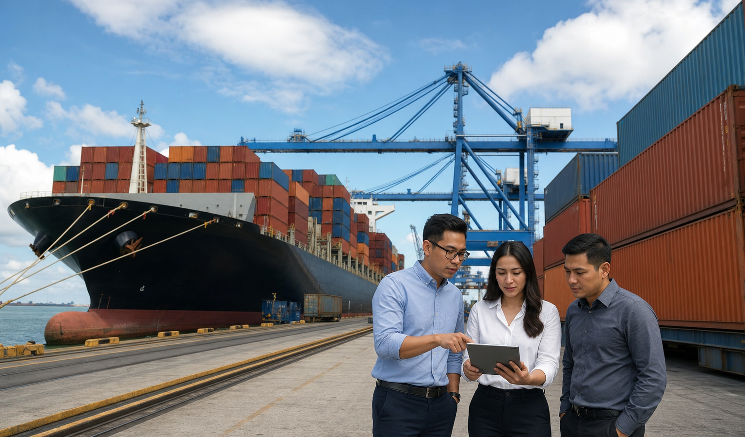 Pelabuhan Tanjung Priok dengan kapal kontainer dan profesional melihat tablet