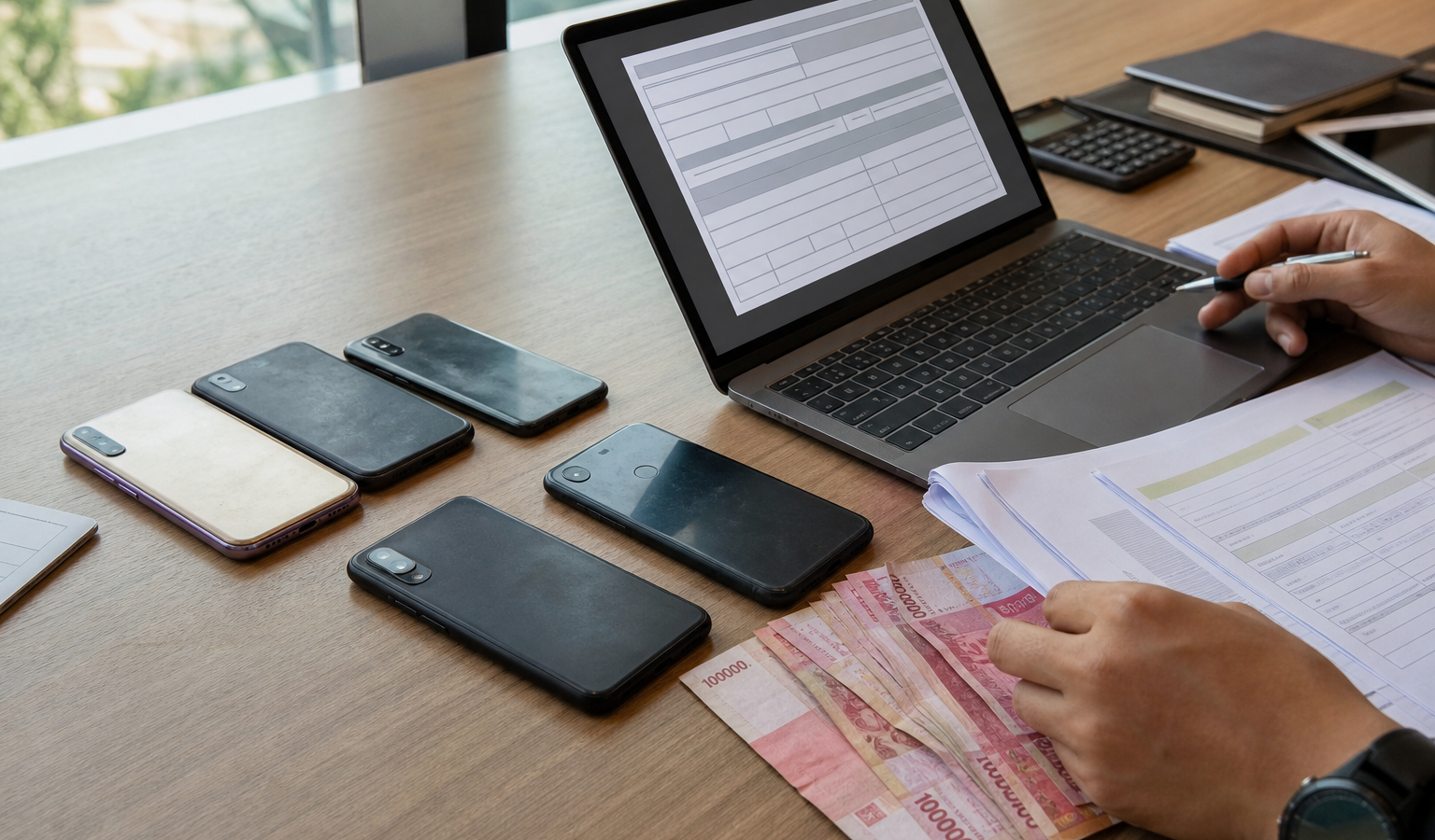 Meja kantor dengan dokumen bea cukai dan beberapa ponsel untuk ilustrasi impor HP bekas