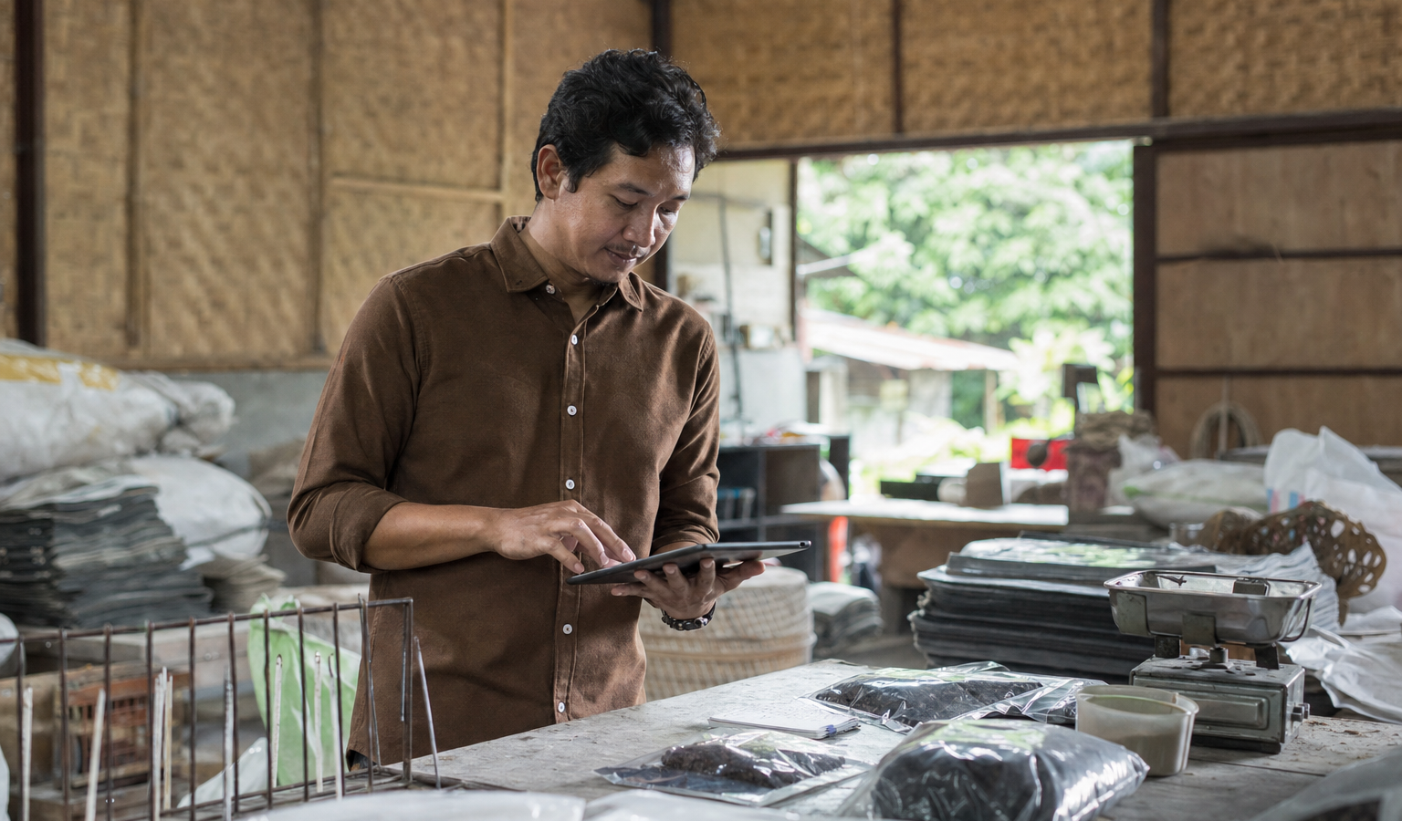 Pemilik UMKM manufaktur memeriksa dokumen impor di meja kerja