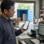 Orang menggunakan smartphone untuk tracking status PIB impor di gudang logistik