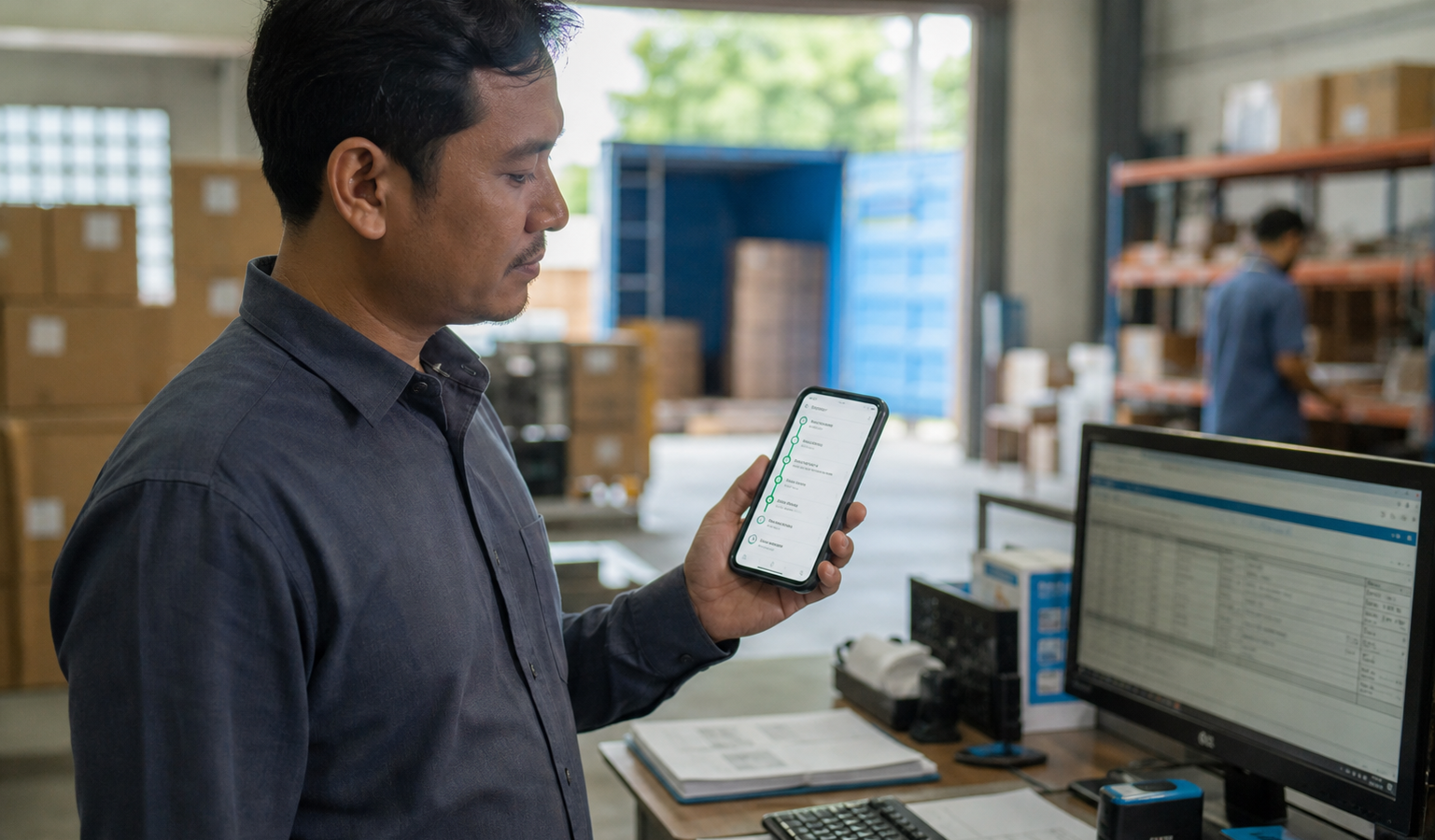 Orang menggunakan smartphone untuk tracking status PIB impor di gudang logistik
