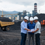 Staf dengan dokumen di samping peralatan smelter dan kontainer di pelabuhan