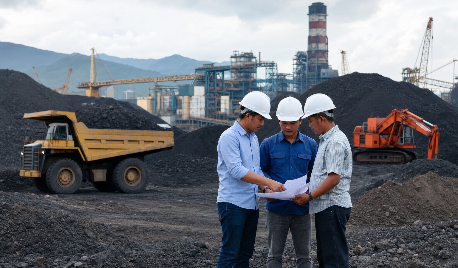 Staf dengan dokumen di samping peralatan smelter dan kontainer di pelabuhan