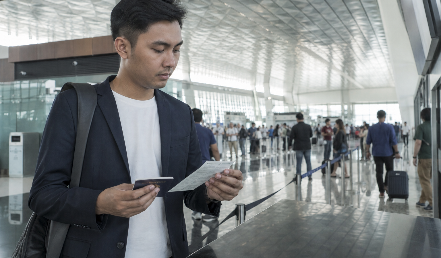 Penumpang internasional dengan paspor dan formulir deklarasi bea cukai di bandara