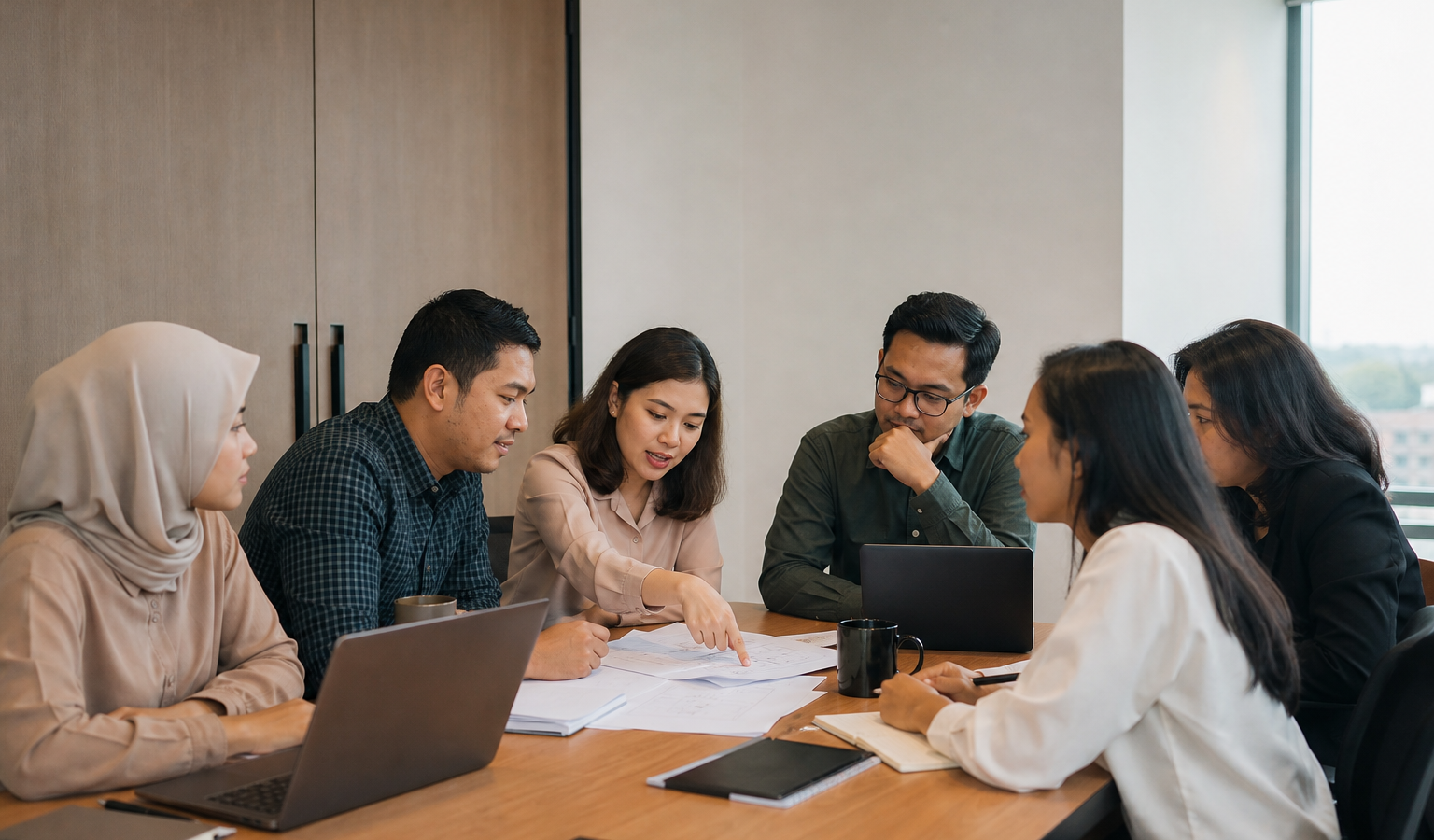 Rapat tim organisasi non-profit membahas dokumen pengajuan fasilitas kepabeanan