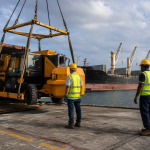Alat berat dan peralatan industri diturunkan di pelabuhan untuk keperluan impor sementara