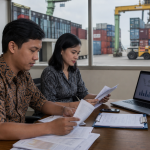 Kantor logistik pelabuhan dengan dokumen impor, laptop, dan kontainer di latar belakang - ilustrasi manajemen risiko kepabeanan
