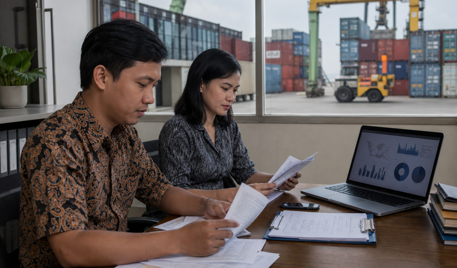 Kantor logistik pelabuhan dengan dokumen impor, laptop, dan kontainer di latar belakang - ilustrasi manajemen risiko kepabeanan