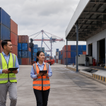 Suasana dry port kontainer dengan petugas logistik di Cikarang Dry Port Indonesia