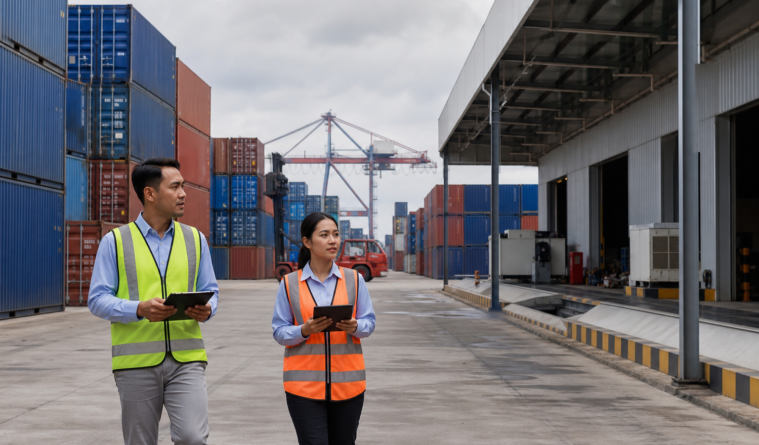 Suasana dry port kontainer dengan petugas logistik di Cikarang Dry Port Indonesia
