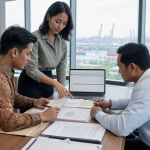 Suasana kantor eksportir Indonesia dengan dokumen pengiriman dan laptop