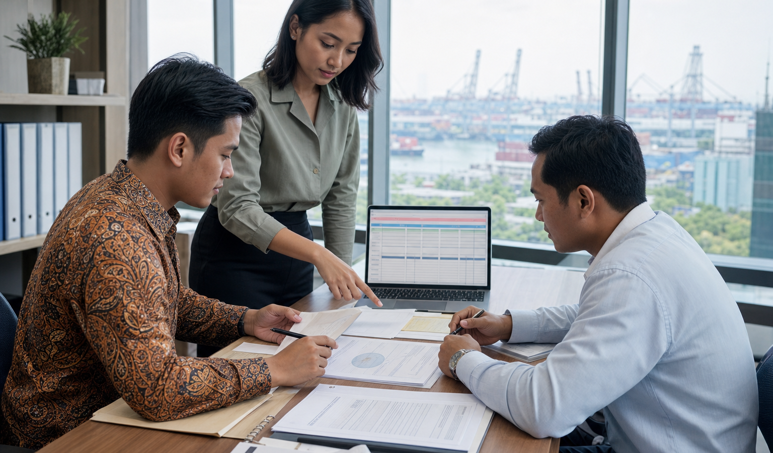 Suasana kantor eksportir Indonesia dengan dokumen pengiriman dan laptop