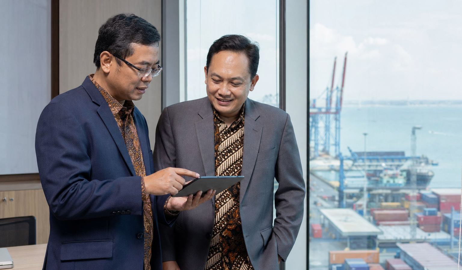Eksekutif bisnis berdiskusi di kantor dengan pemandangan pelabuhan - ilustrasi strategi ekspor