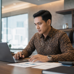 Profesional bisnis batik menggunakan laptop untuk transaksi perbankan dan devisa
