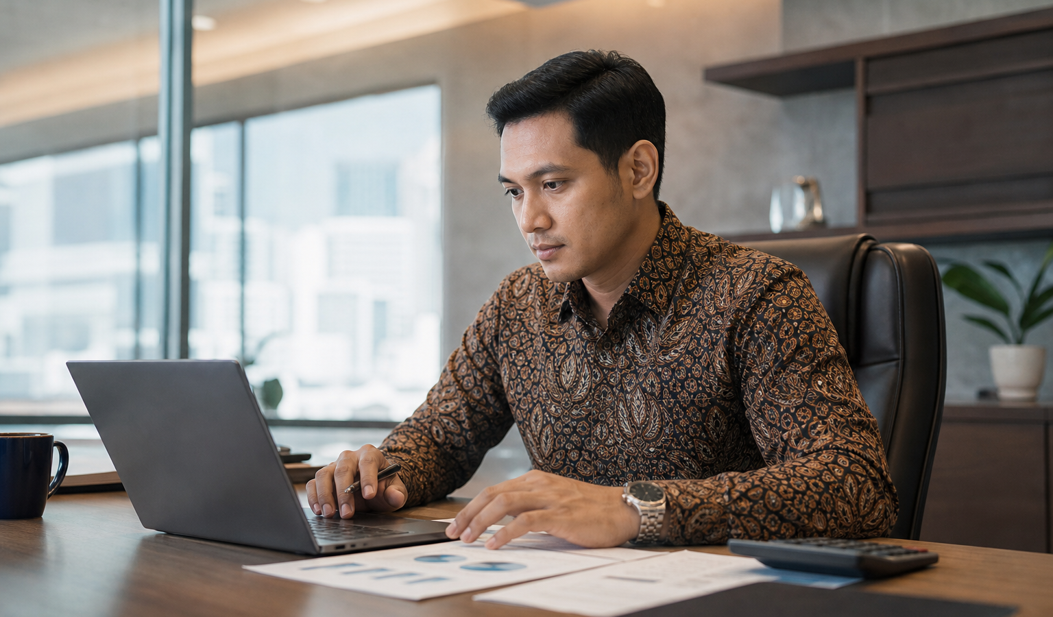 Profesional bisnis batik menggunakan laptop untuk transaksi perbankan dan devisa