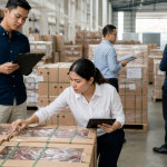 Staf rantai pasok memeriksa kotak komoditas di gudang logistik tanpa logo atau seragam resmi