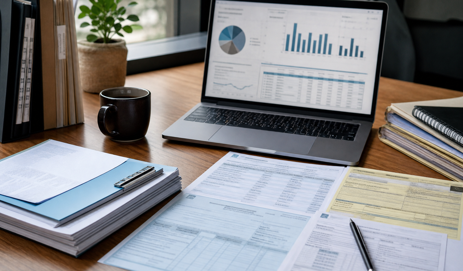 Dokumen pajak dan data keuangan di meja kerja modern