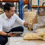 Inspeksi produk makanan kemasan di gudang logistik