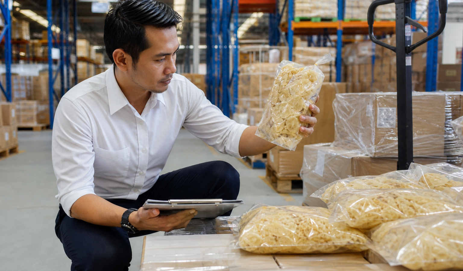 Inspeksi produk makanan kemasan di gudang logistik