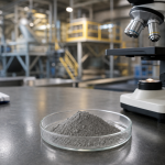 Sampel bubuk mineral halus logam tanah jarang di cawan petri laboratorium