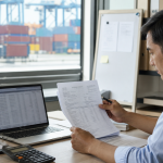Staf impor memeriksa dokumen klasifikasi HS Code dan lartas sebelum proses clearance barang impor