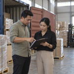 Staf logistik dan forwarder meninjau dokumen perizinan impor di area pergudangan kontainer pelabuhan