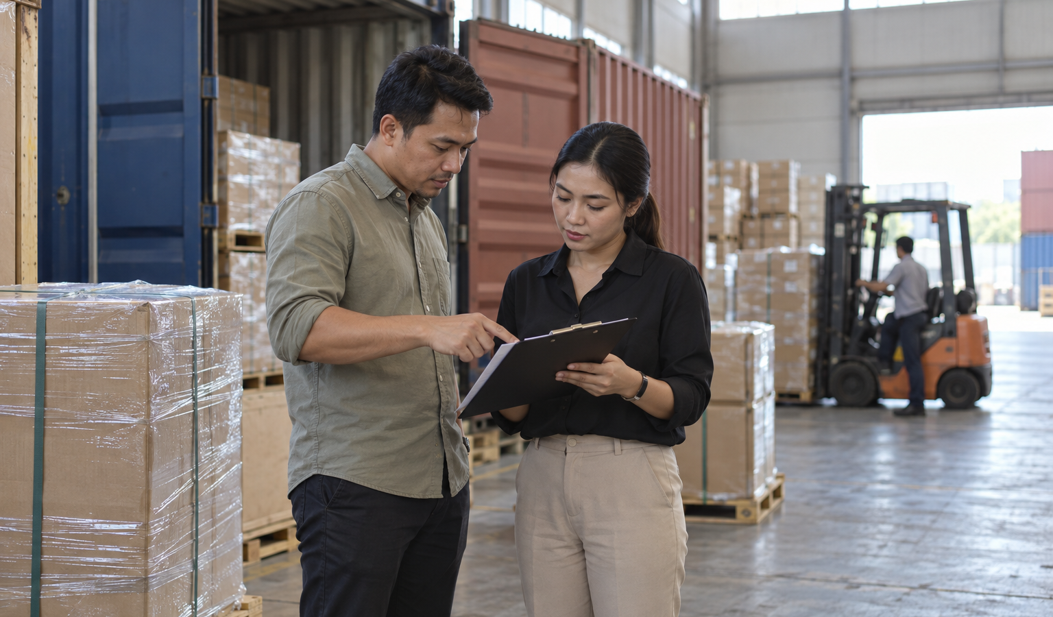 Staf logistik dan forwarder meninjau dokumen perizinan impor di area pergudangan kontainer pelabuhan