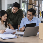 Staf logistik meninjau invoice, packing list, dan dokumen impor di area gudang netral tanpa logo