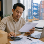 Pemilik usaha kecil menyiapkan invoice, bukti bayar, ongkir, dan dokumen pengiriman untuk menghitung nilai pabean barang kiriman bisnis