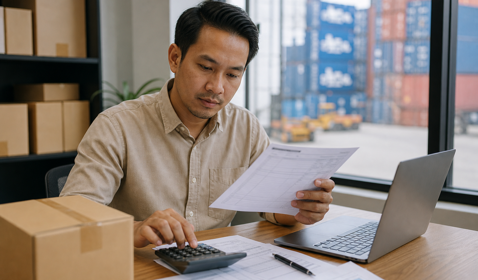 Pemilik usaha kecil menyiapkan invoice, bukti bayar, ongkir, dan dokumen pengiriman untuk menghitung nilai pabean barang kiriman bisnis