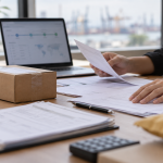 Meja kerja logistik dengan paket sampel kecil, lembar invoice, dan laptop di latar editorial netral