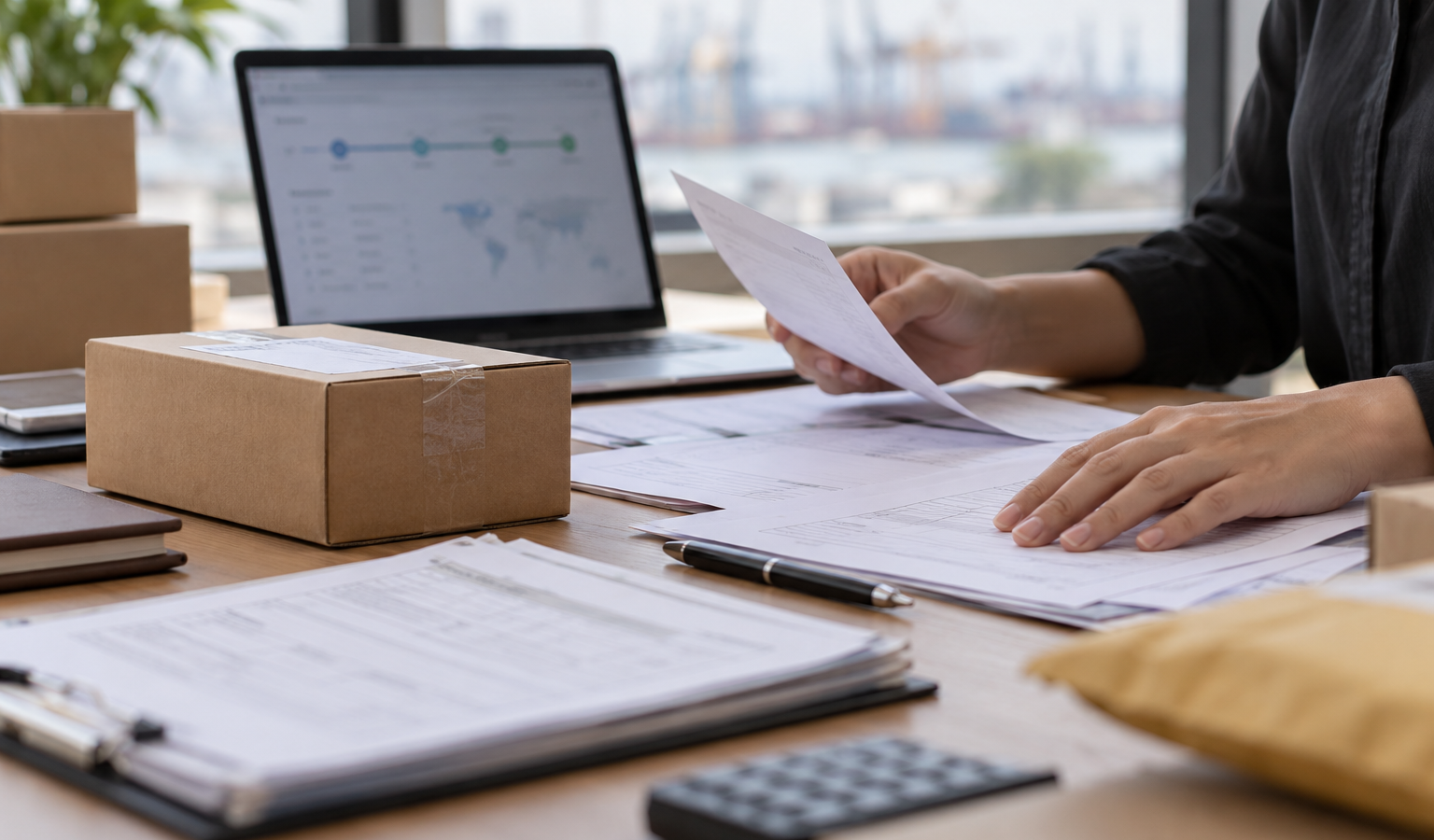 Meja kerja logistik dengan paket sampel kecil, lembar invoice, dan laptop di latar editorial netral