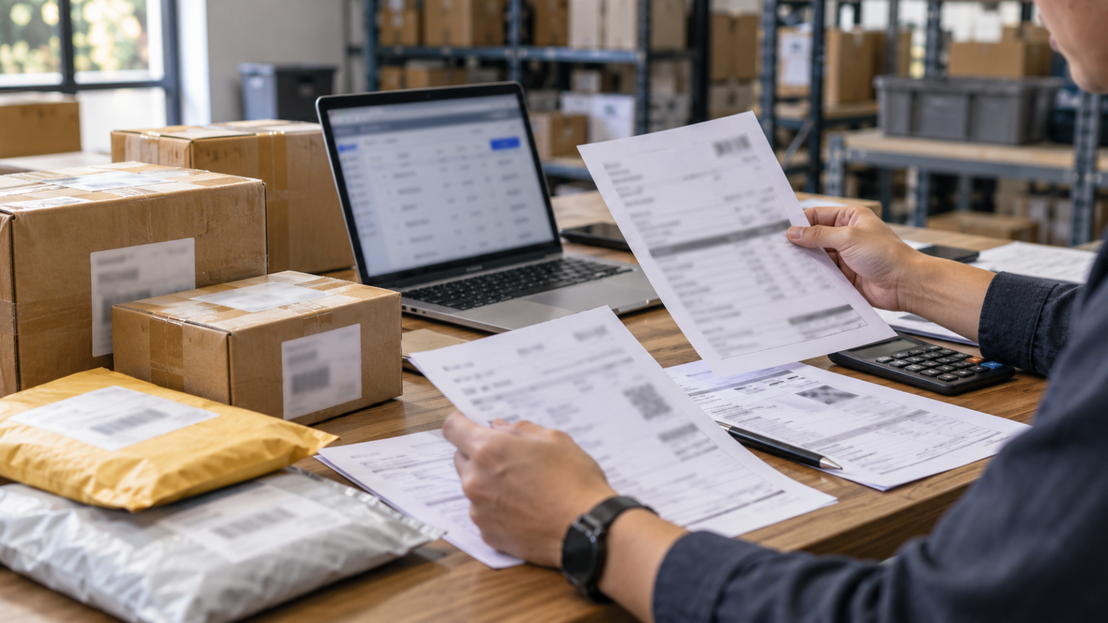 Dokumen invoice dan bukti transaksi untuk barang kiriman impor di atas meja kantor