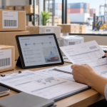 Adegan editorial fotorealistik di meja kantor logistik: sebuah paket cokelat, laptop menampilkan halaman pelacakan tanpa teks yang terbaca, lembar invoice dan bukti pembayaran, serta tangan seseorang berbusana kasual bisnis sedang mencatat, tanpa logo, tanpa seragam, tanpa tulisan yang terbaca.