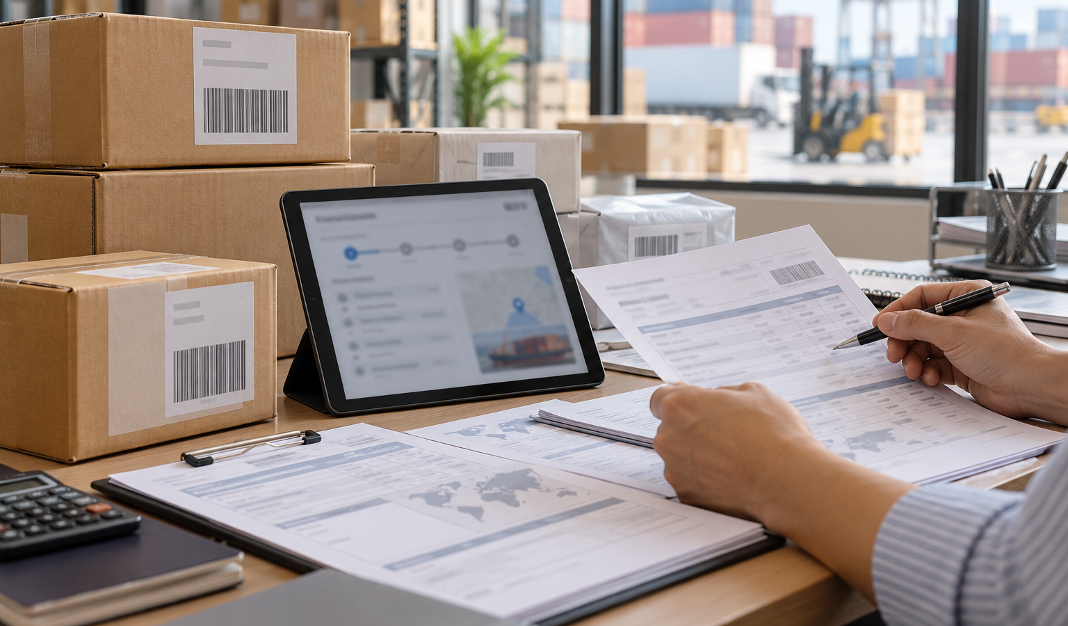 Adegan editorial fotorealistik di meja kantor logistik: sebuah paket cokelat, laptop menampilkan halaman pelacakan tanpa teks yang terbaca, lembar invoice dan bukti pembayaran, serta tangan seseorang berbusana kasual bisnis sedang mencatat, tanpa logo, tanpa seragam, tanpa tulisan yang terbaca.
