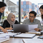 Tumpukan dokumen impor dan buku besar pembukuan sebagai objek audit kepabeanan