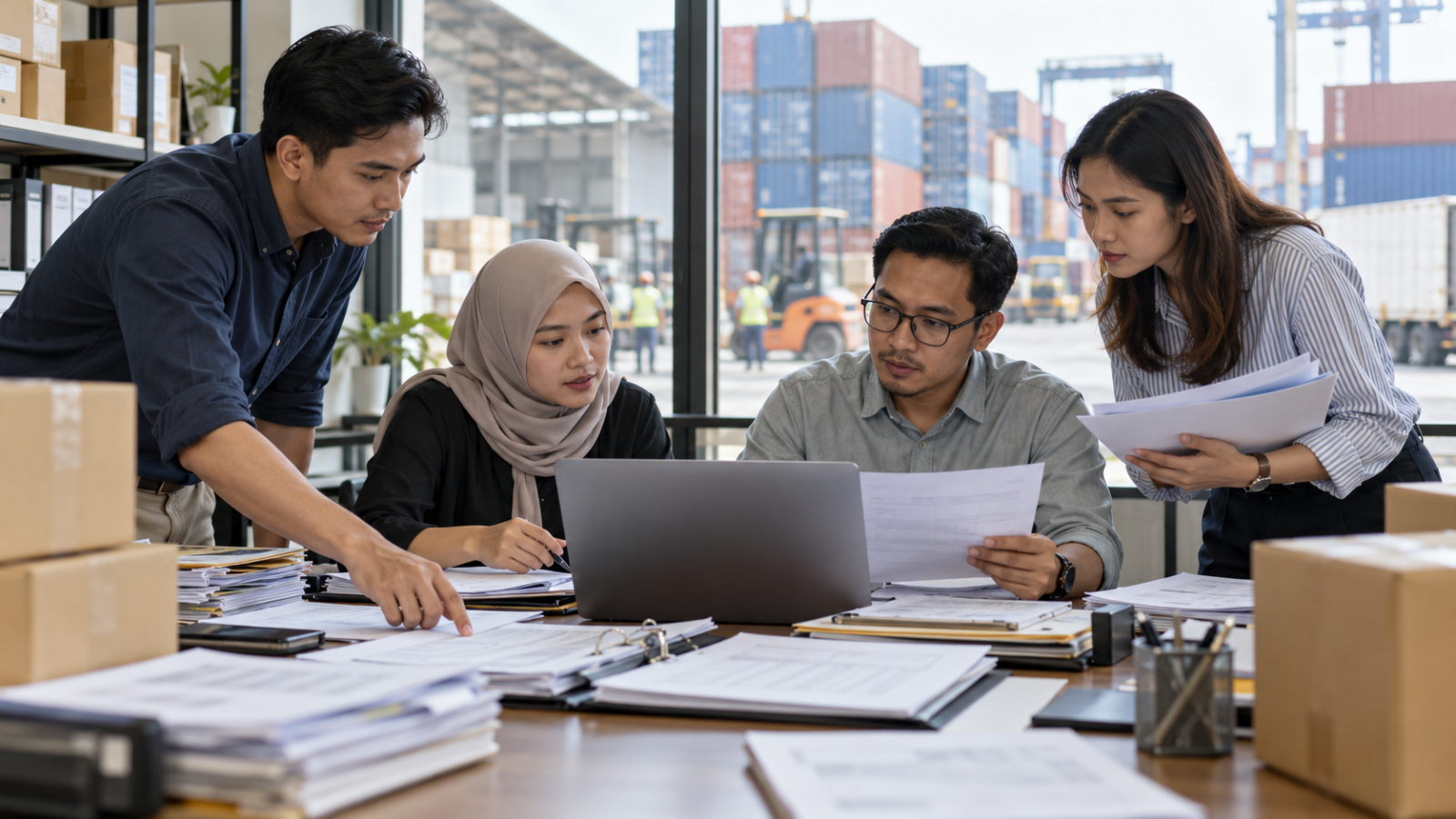 Tumpukan dokumen impor dan buku besar pembukuan sebagai objek audit kepabeanan