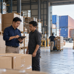 ilustrasi gudang pusat logistik berikat dengan rak penyimpanan dan alur dokumen kepabeanan